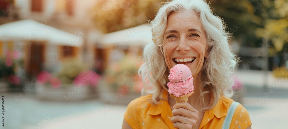 Senior woman happily savoring ice cream in city park with ample room for text overlay