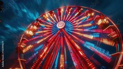 A dynamic image of a Ferris wheel at night, its lights creating vibrant patterns against the dark sky