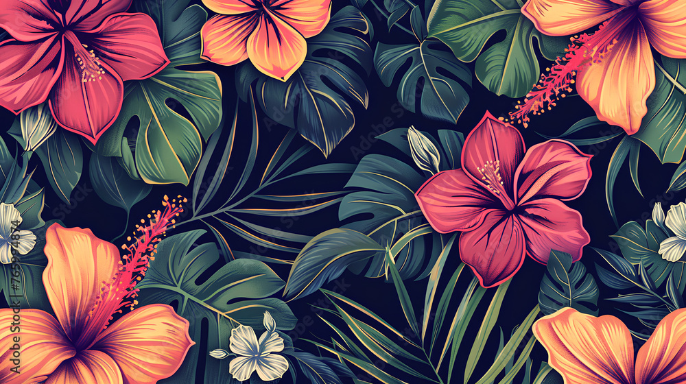 seamless pattern with hand-drawn compositions of tropical flowers - obrazy, fototapety, plakaty 