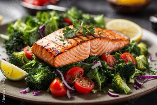 Grilled salmon fillet and fresh green vegetable salad on plate, delicious restaurant food menu