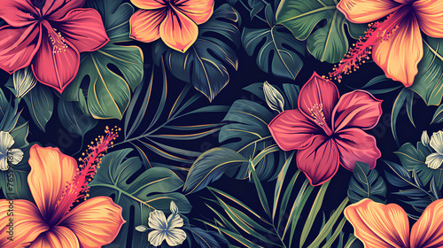 seamless pattern with hand-drawn compositions of tropical flowers © Jula Isaeva 