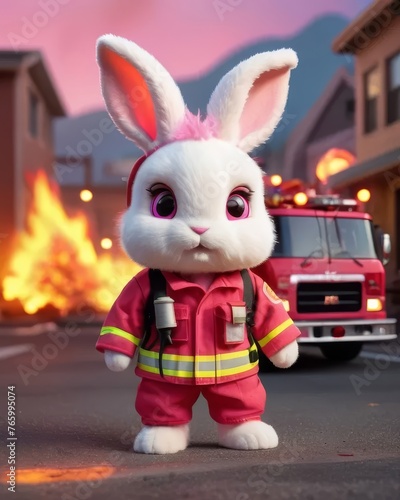 A cute bunny dressed as a firefighter with a firetruck and fire in the background. 