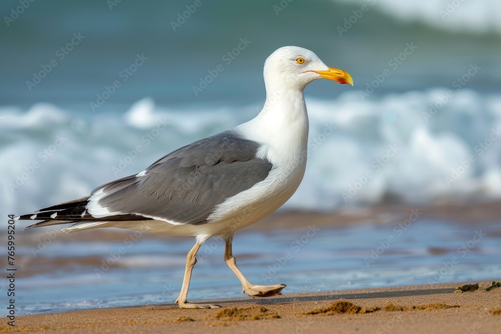close-up of a seagull walking on the beach, beautiful seascape 
