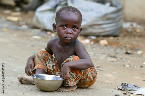 a poor African child sits on the ground with a bowl. concept of poor starving children in African countries