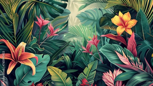 Tropical background. Exotic Landscape, Hand Drawn Design. Luxury Wall Mural. Leaf and Flowers Wallpaper. © Fatih