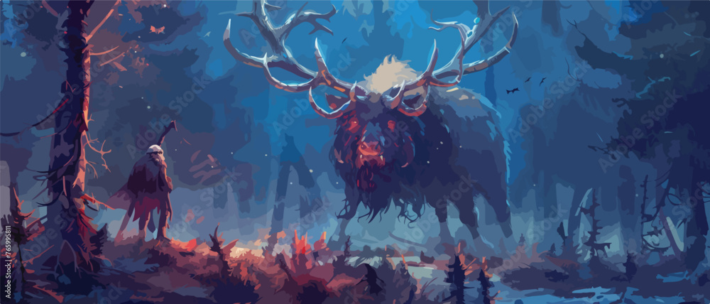 Fantasy elk creature hunted by evil goblin creatures - obrazy, fototapety, plakaty 