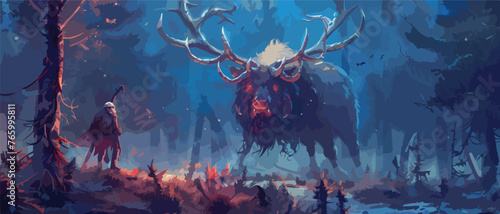 Fantasy elk creature hunted by evil goblin creatures photo