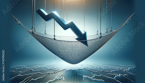Macro shot of a safety net beneath a falling stock arrow, illustrating the concept of financial safeguards