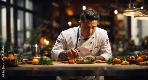 Gourmet chef in uniform cooking in luxury restaurant kitchen preparing food