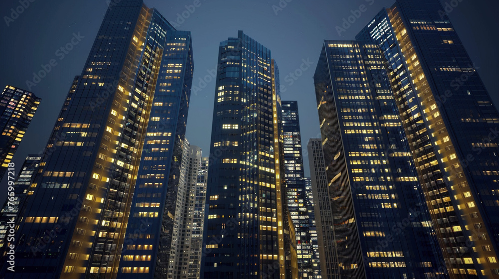 Illuminated Office Buildings at Night Representing Business Activity