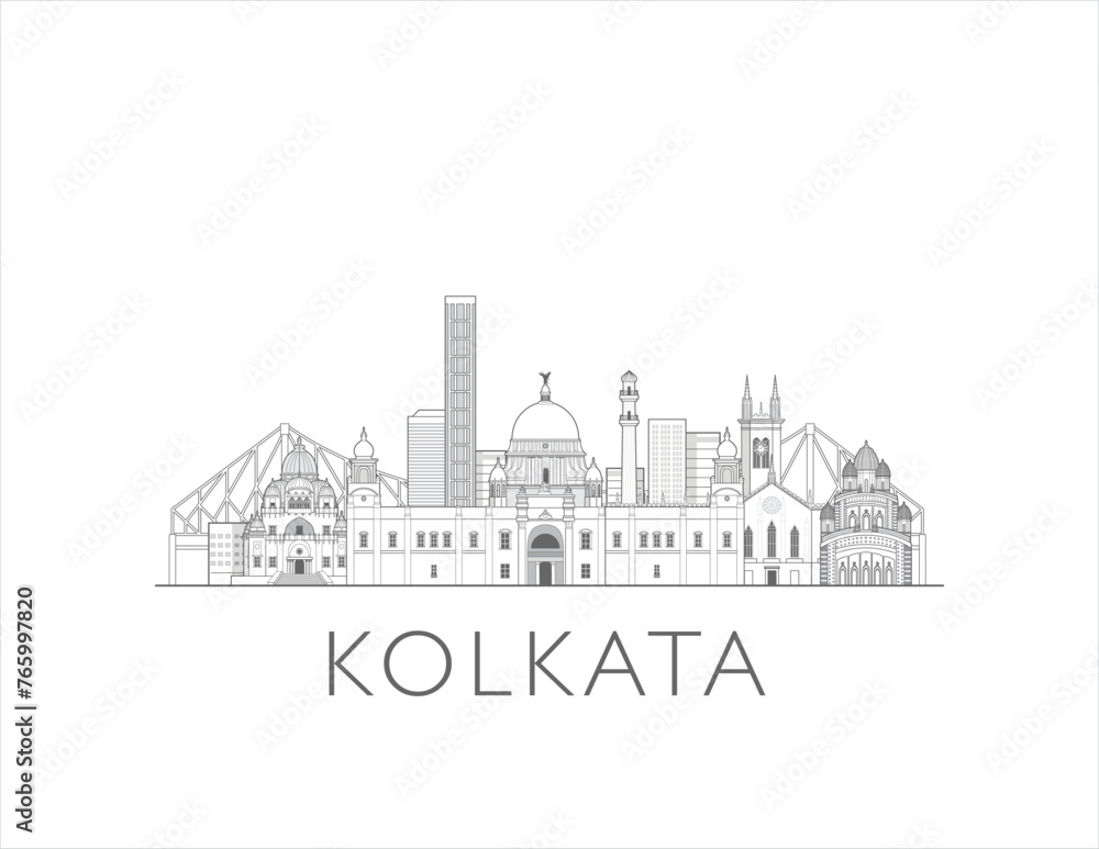 Kolkata skyline cityscape line art style vector illustration