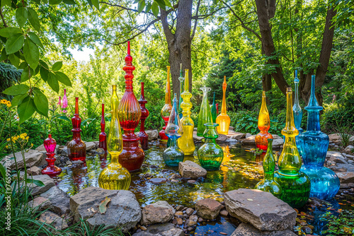 Decorative colorful glass bottles decor in pond water feature, outdoor exterior decor
