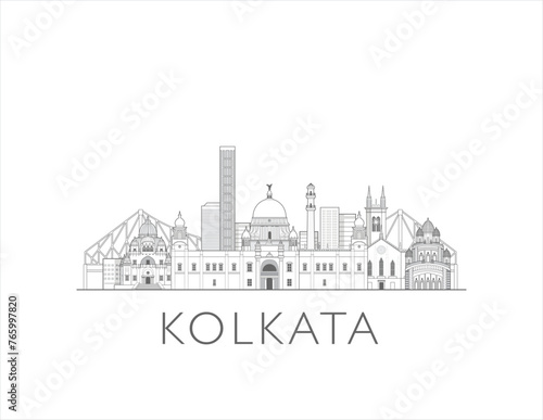 Kolkata skyline cityscape line art style vector illustration