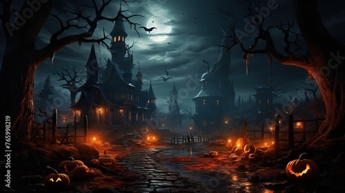 Scary halloween background with spooky haunted house and graveyard