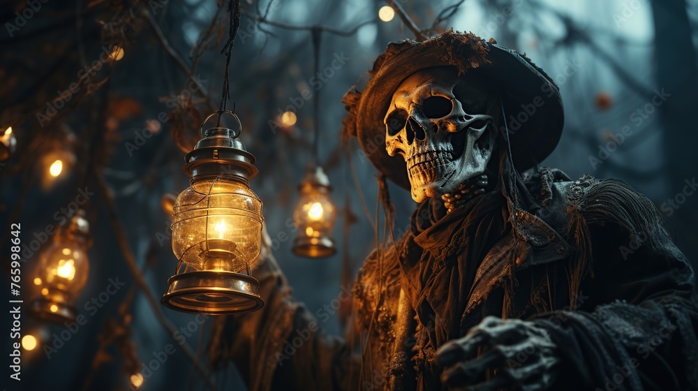 Halloween concept. The skeleton in a dark cloak with a lantern. Haunted Lantern Bearer