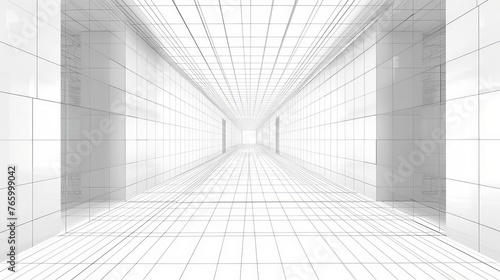 A virtual 3D wireframe grid room is portrayed, featuring a 16:9 perspective with a laser grid. This cyberspace background is characterized by a white backdrop with a black mesh overlay, 