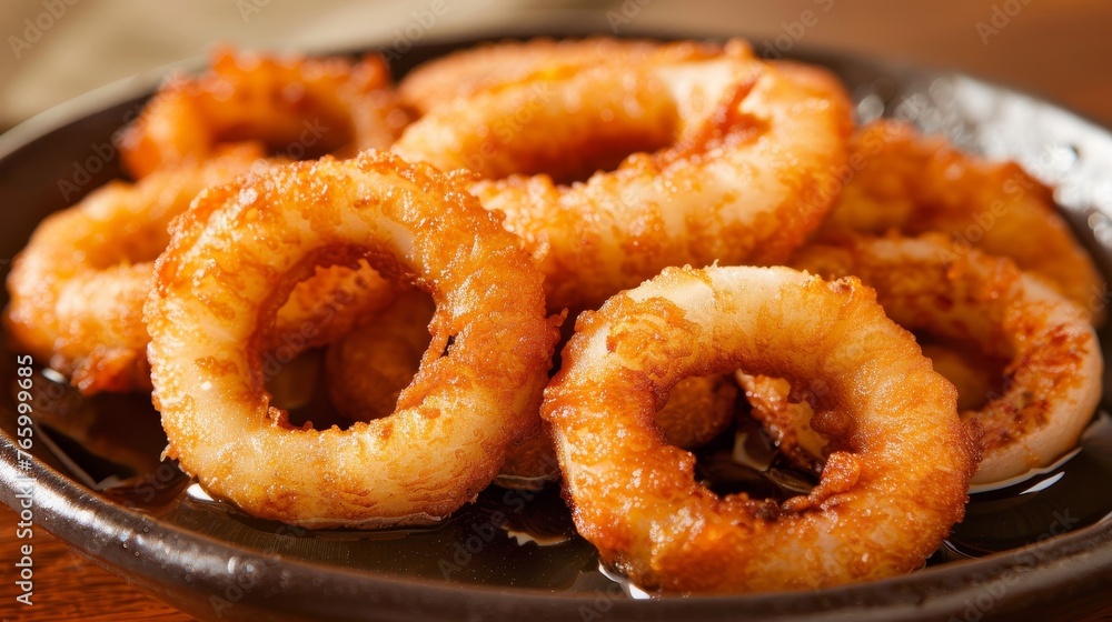 Perfectly fried crispy calamari rings golden and tender, a delightful seafood dish