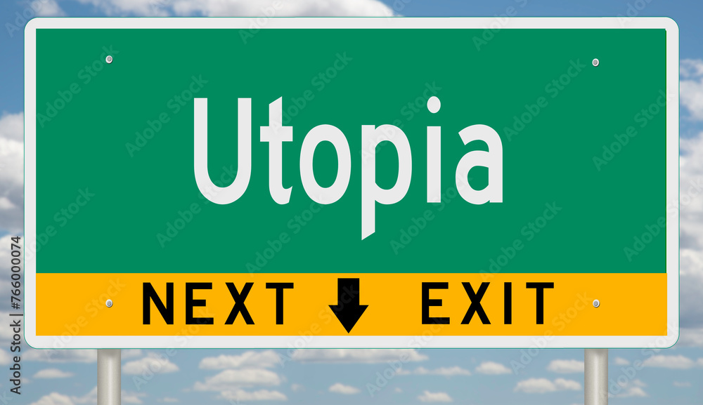 Green and yellow highway sign with exit arrow for UTOPIA