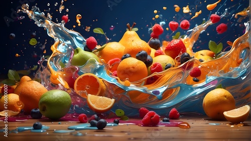 fruits in water, "A digitally rendered illustration of fruits with slices and juice splashes in rainbow colors, creating a lively and exuberant scene. The fruits are depicted with a combination of rea