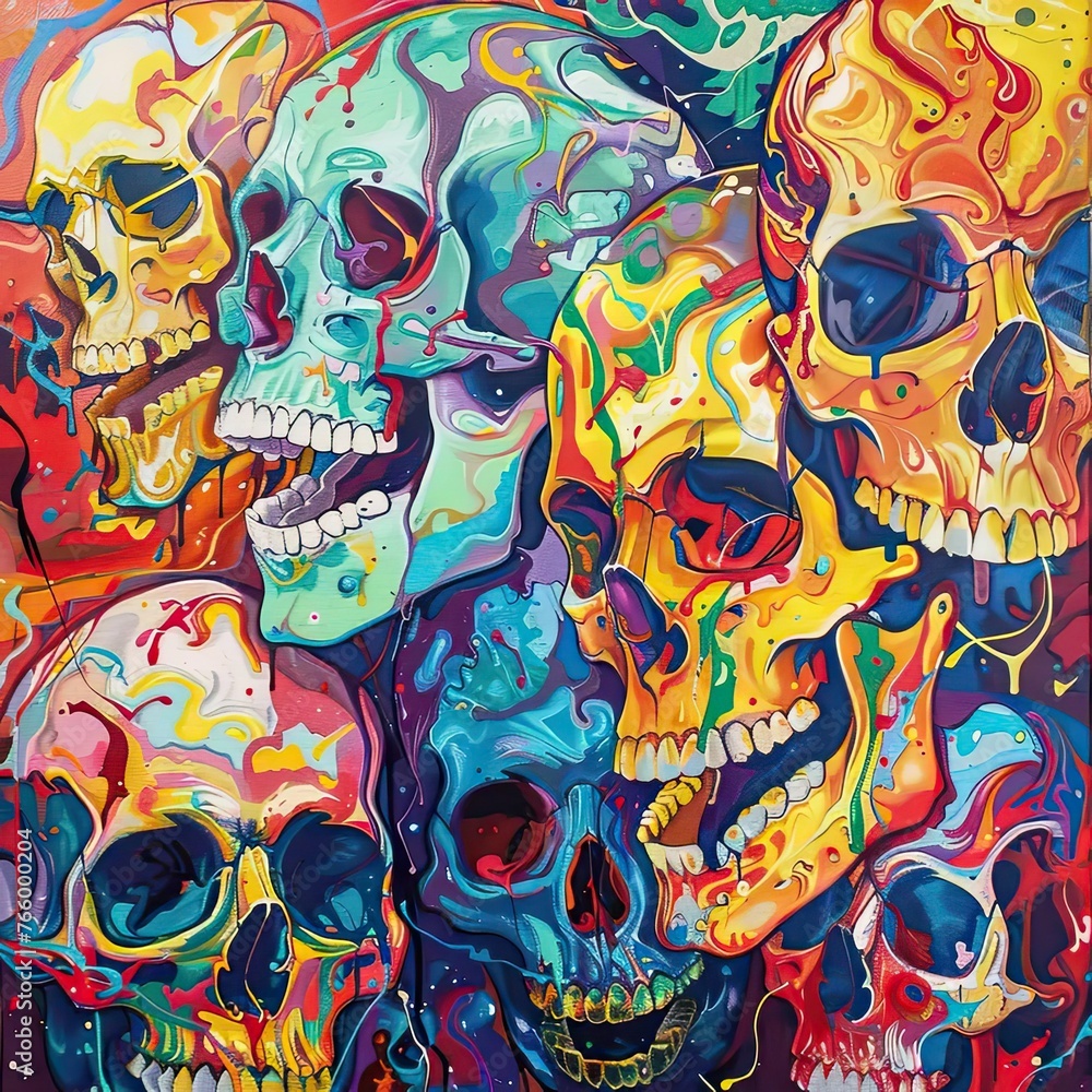 Fototapeta premium a painting of a group of colorful skulls