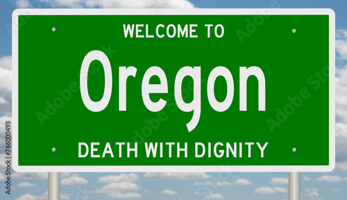 Green highway sign for OREGON highlighting the state's liberal laws on assisted suicide