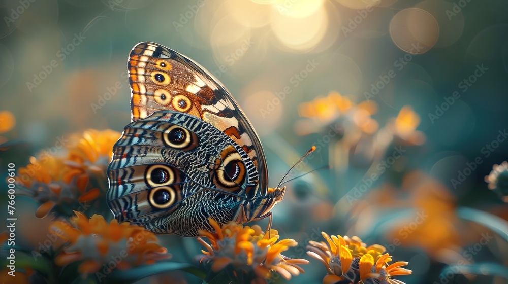 Naklejka premium Butterfly eyes amidst colorful wings, fine details in a magical garden setting