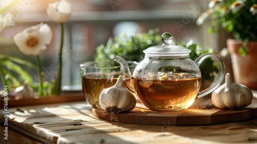 Green tea and garlic: Nature duo against clogged arteries, illustrated as mystical healers in an artery journey towards health