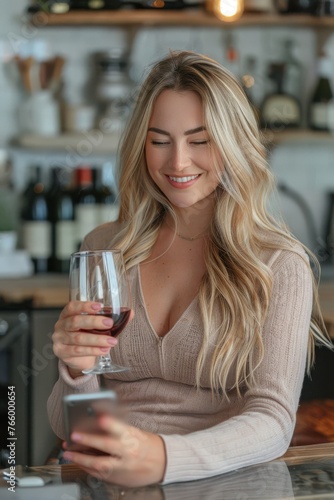 A woman enjoys a relaxing moment, browsing her phone with a smile, a glass of wine in hand, in a bright office