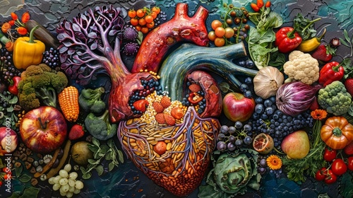 Nutritional food for heart health wellness by cholesterol diet and healthy nutrition eating with clean fruits, vegetables, fish and grains supporting heart arteries photo