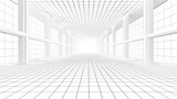 A 3D vector illustration of a perspective grid background, serving as a template for interior design models. It features a one-point perspective with lines converging towards a single vanishing point