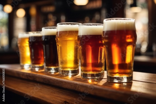 Glasses with draft beer on wooden bar table arranged in row