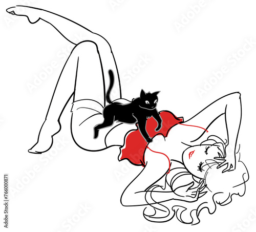黒猫とじゃれる女性