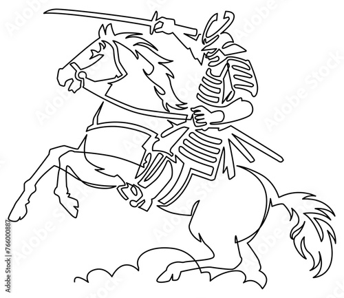 一筆描き-竿立ちした馬を駆る騎馬武者
