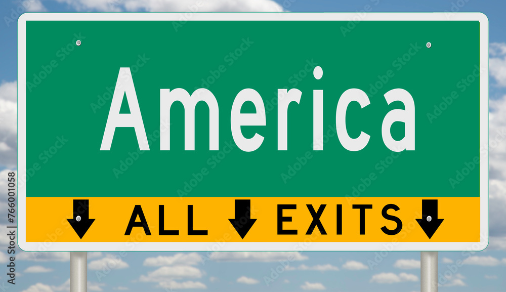 Green and yellow highway sign with black arrows for AMERICA