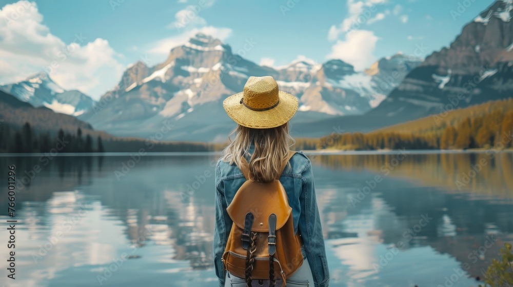 A hipster woman traveler wearing a hat gazes at stunning mountains and a lake in front of her.