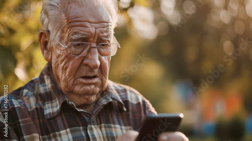 A old man, octogenarian, or boomer in his 80s looking somewhat confused as he looks at his cell phone. He is outdoors in a park.