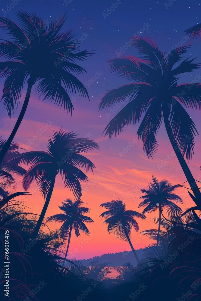 Minimalist palm silhouettes against dusk sky trees swaying