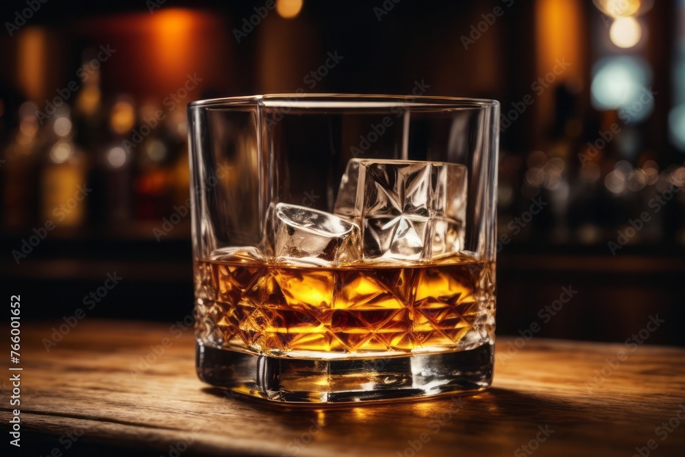 Glass of alcoholic whiskey with ice cubes on wooden bar table Glass of alcoholic whiskey with ice cubes on wooden bar table