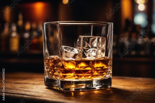 Glass of alcoholic whiskey with ice cubes on wooden bar table