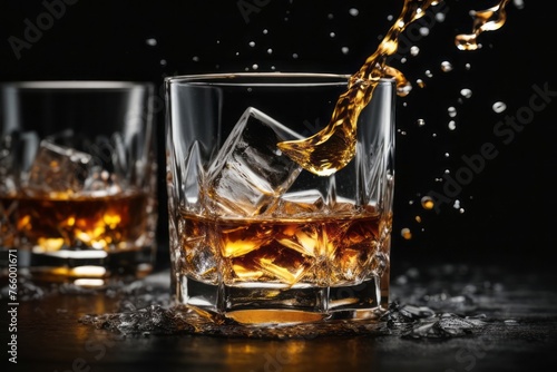 Glass of whiskey alcohol splash with ice cubes on black background