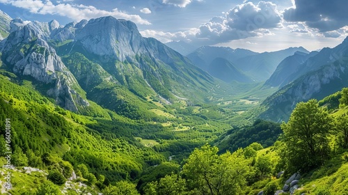 Majestic Mountain Landscape with Lush Green Valley, Panoramic Nature View