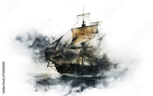 Ghost Ship Drifting Through the Dark Abyss Isolated on Transparent Background PNG.