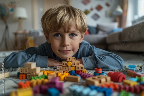 Young boy looking at camera while playing with wooden toys at home in the living room