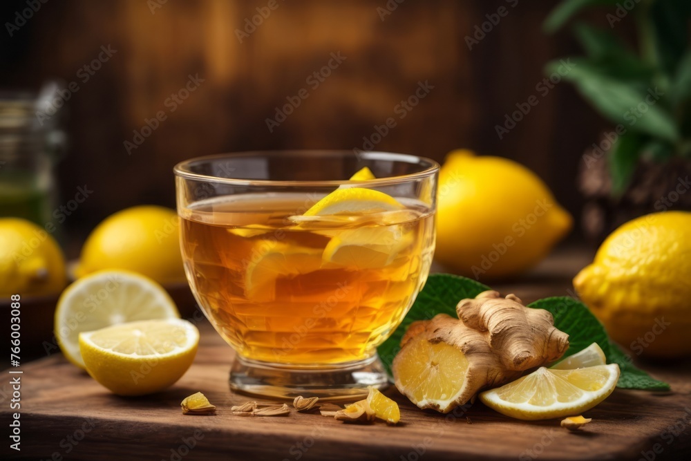 Ginger tea with lemon and honey on wooden table, traditional drink Ginger tea with lemon and honey on wooden table, traditional drink