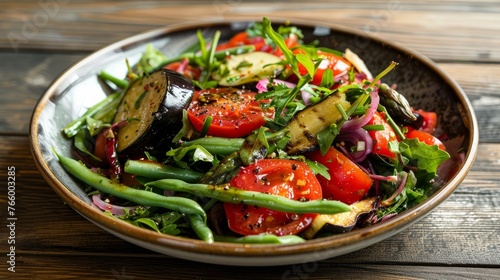 A salad made with asparagus beans, tomatoes, eggplant, and asparagus.