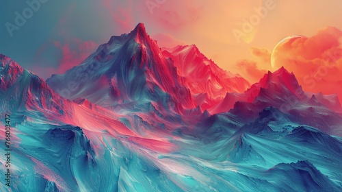 Colorful digital artwork of a mountain range bathed in neon colors, a fusion of natural forms with a futuristic, digital aesthetic.3d rendering © saichon