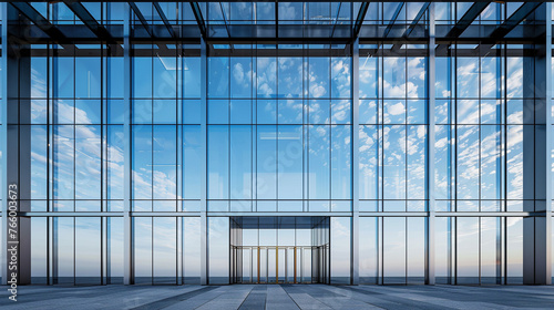 Modern Office Building Facade with Glass Panels and Steel Structure