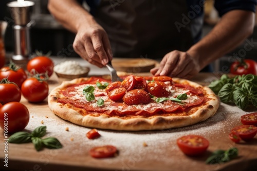 chef prepares tomato sauce on pizza in the kitchen