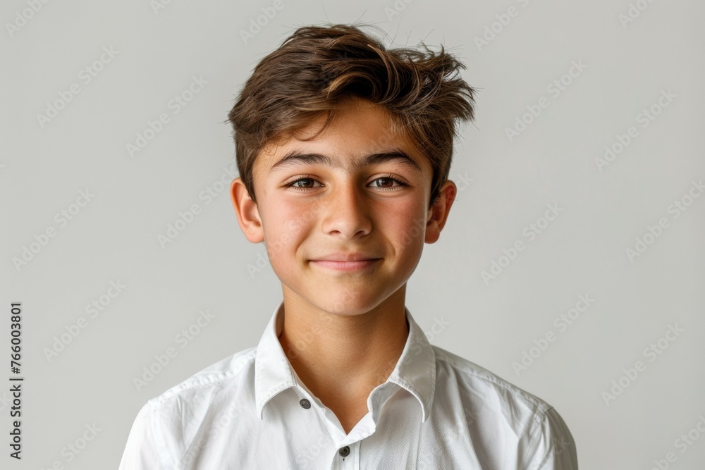 A young boy with brown hair and a white shirt is smiling