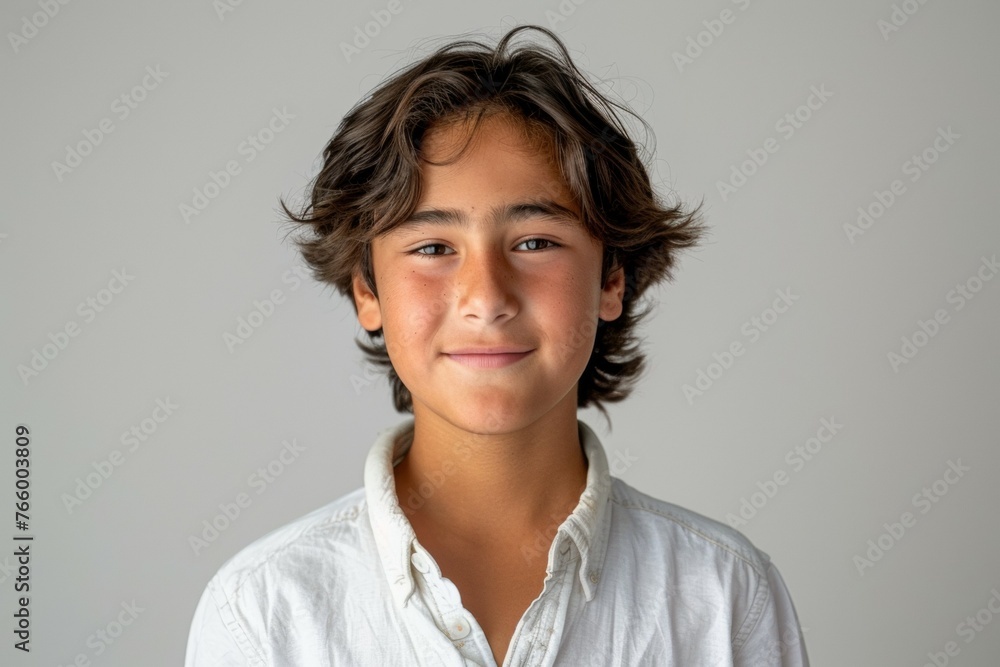 A young boy with brown hair and a white shirt is smiling A young boy with brown hair and a white shirt is smiling